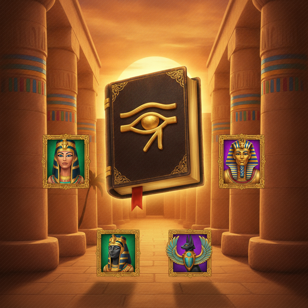 Book of Cleopatra slot con templo egipcio antiguo, columnas decoradas con jeroglíficos, libro dorado con Ojo de Ra, Cleopatra, faraón y símbolos del Antiguo Egipto al atardecer