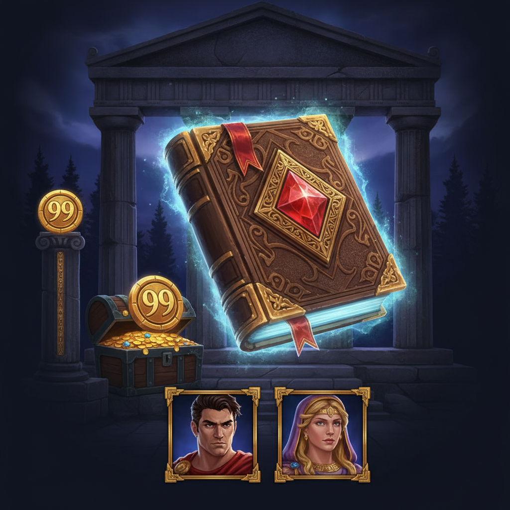 Book of 99 slot de mitología griega con templo antiguo, libro dorado mágico y símbolos de héroes griegos