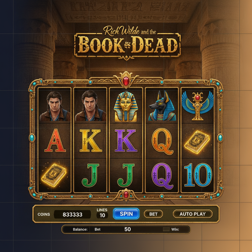 Rich Wilde and the Book of Dead slot con templo egipcio antiguo, explorador aventurero, símbolo del libro dorado de los muertos, deidades Anubis y Horus, rodillos con jeroglíficos y símbolos de cartas ornamentadas en oro y turquesa