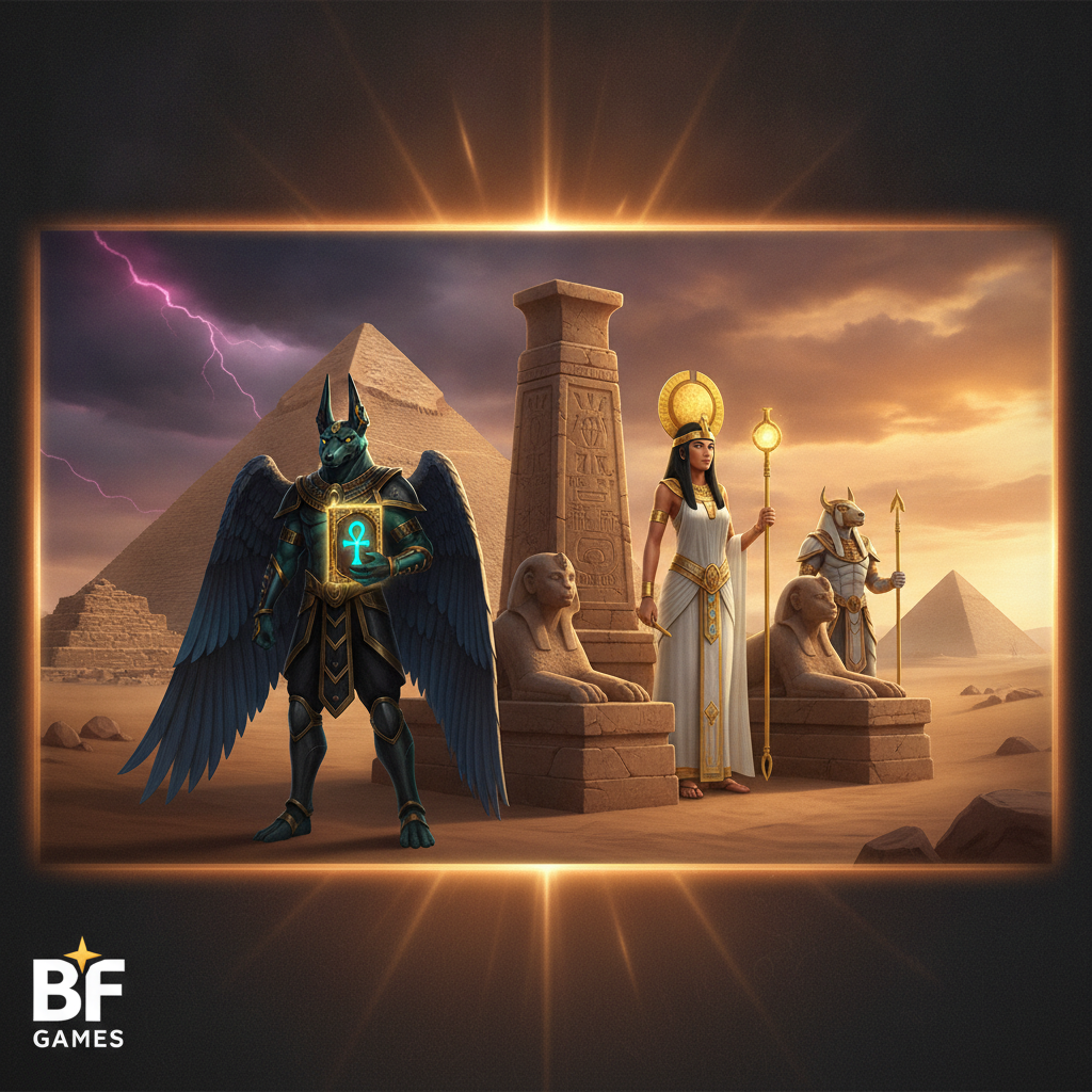 Book of Gates tragaperras egipcia con Anubis, deidades faraónicas, pirámides y el libro dorado con símbolo ankh sobre cielo tormentoso del desierto
