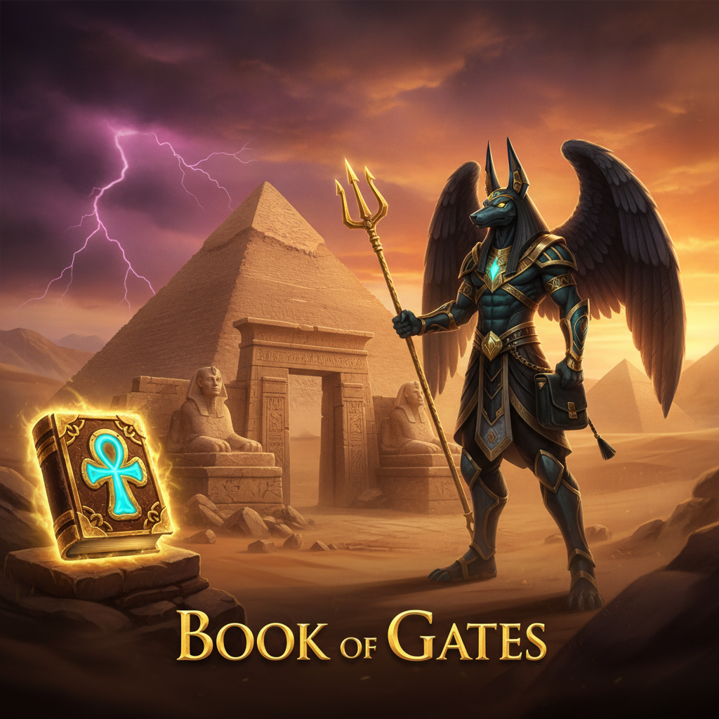 Book of Gates slot egipcio con Anubis, esfinges, pirámides y símbolo del libro sagrado con ankh dorado en el desierto al atardecer