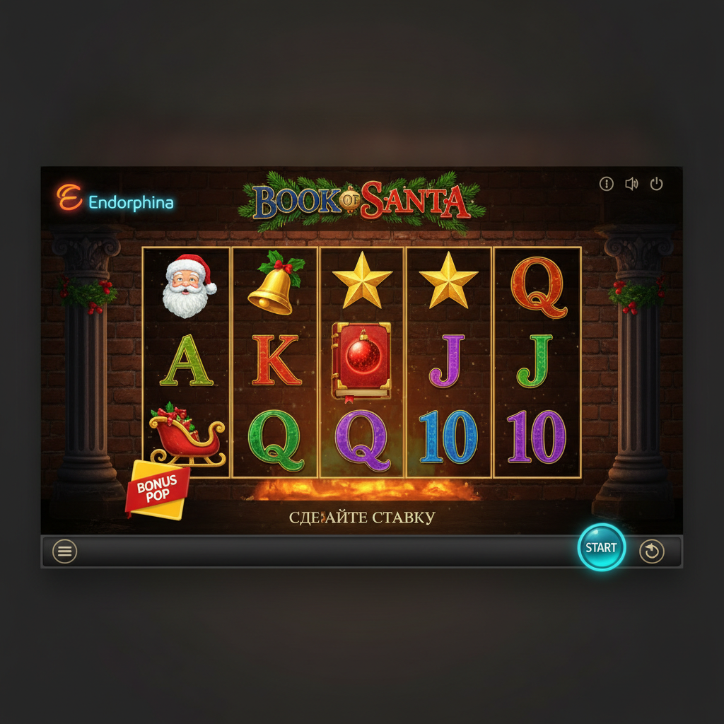 Book of Santa slot navideño con Santa Claus, campanas doradas, estrellas brillantes y libro mágico con símbolos expansibles en 5 carretes