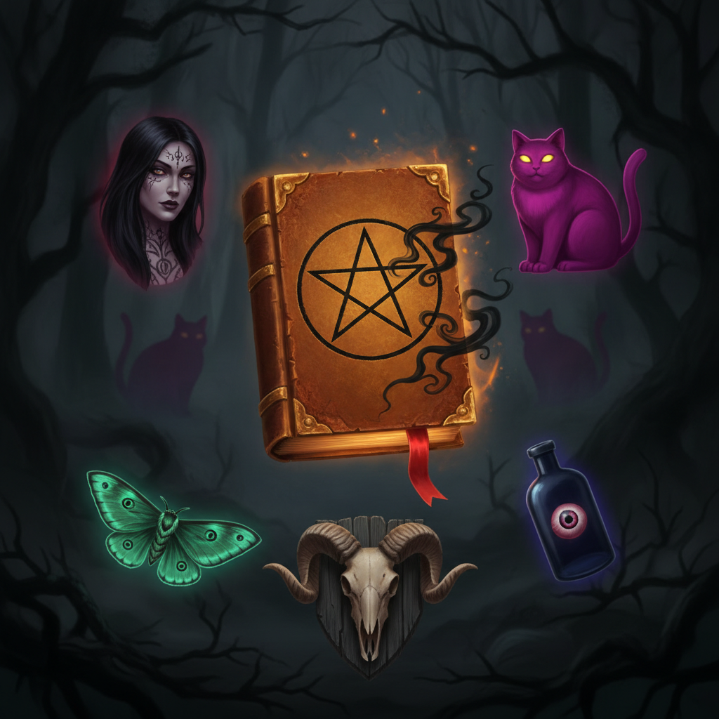 Book of Shadows tragamonedas: libro dorado con pentagrama, gato púrpura místico, calavera de carnero, polilla verde y ojo en botella sobre fondo gótico oscuro con símbolos de brujería