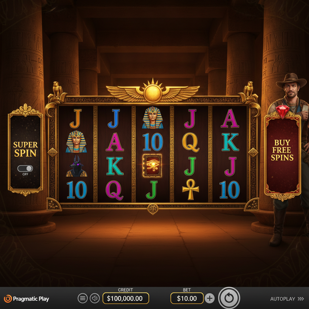 Book of the Fallen slot machine con templo egipcio dorado, explorador con sombrero, símbolos de faraón y Anubis en los rodillos