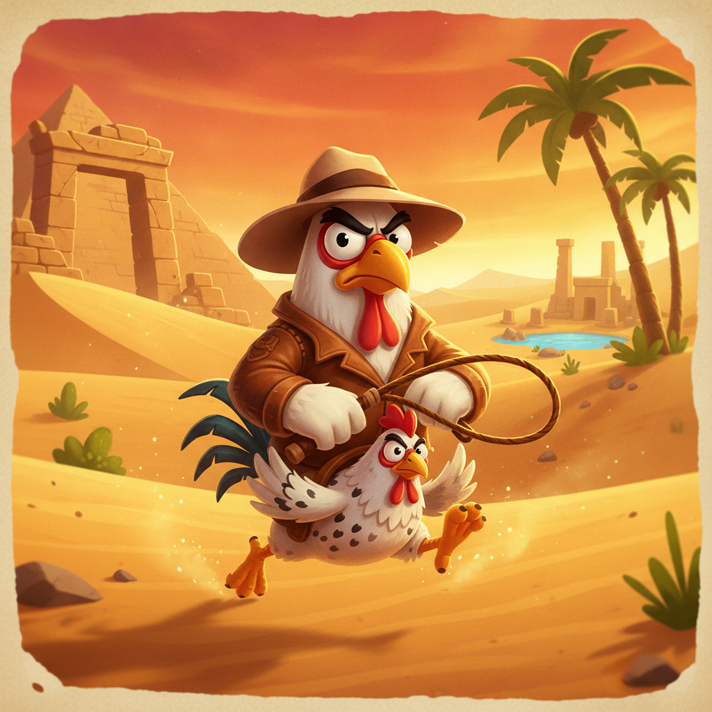 Book of Crazy Chicken slot de GAMOMAT mostrando pollo explorador estilo Indiana Jones en desierto egipcio con pirámides, símbolo libro dorado salvaje y carrete 5x3