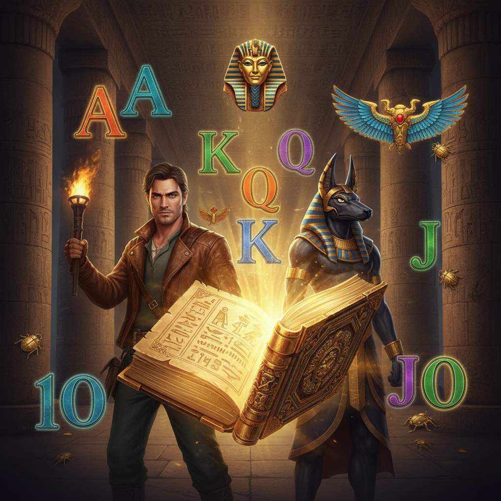 Rich Wilde and the Book of Dead tragamonedas de tema egipcio antiguo con libro dorado, explorador aventurero Rich Wilde, deidades Anubis Horus Osiris y símbolos jeroglíficos en templo dorado ornamentado